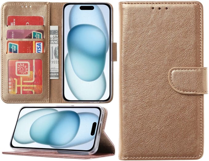 Hoesje geschikt voor iPhone 15 Plus - Bookcase - Pasjeshouder - Kunstleer - Goud