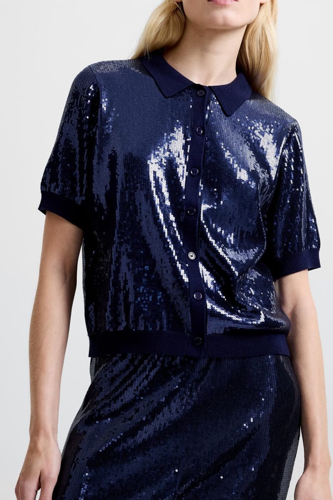French Connection Hannah Sequin Ss Button Throug Navy Taglia: S | Magliette intime Outlet | Donna | Blu