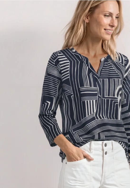 Shirt met 3/4-mouwen, split in de hals en print