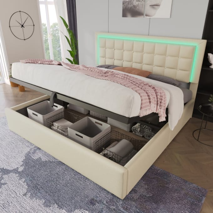 MODFU Gestoffeerd Opbergbed – 160x200 cm – LED & Hydraulisch – Kunstleer – Wit