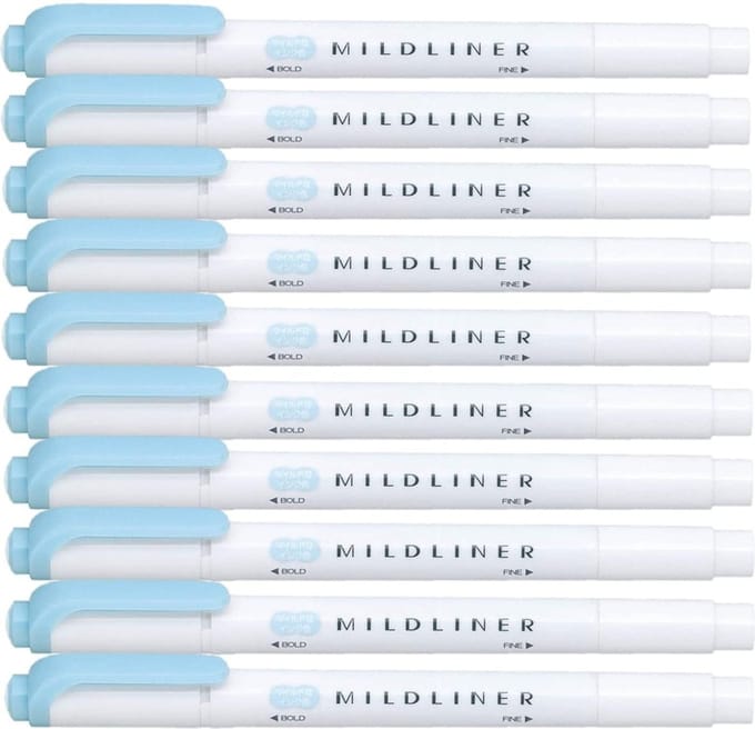 Zebra Mildliner Double-Sided Highlighter - Fine / Bold – Mild Blue Set van 10 + een Luxe Zipperbag - WKT7-MBL
