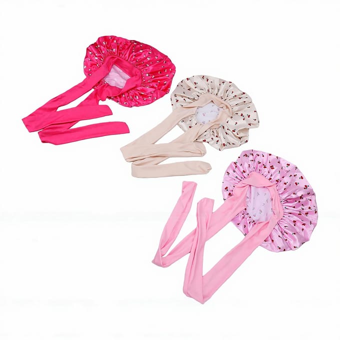 3 pièces Bonnet de Nuit en Satin Double Couche Bande Élastique Réglable Large Design Imprimé Cerises Bonnet en Soie pink