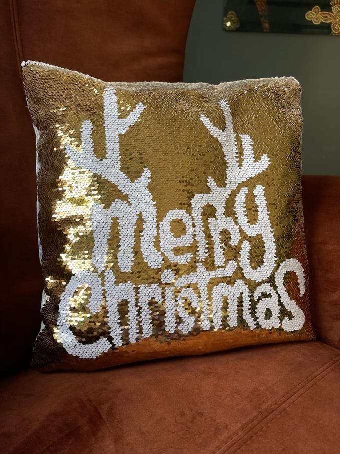 Pailletten kussenhoes Merry Christmas met goud effect – 38,5 cm