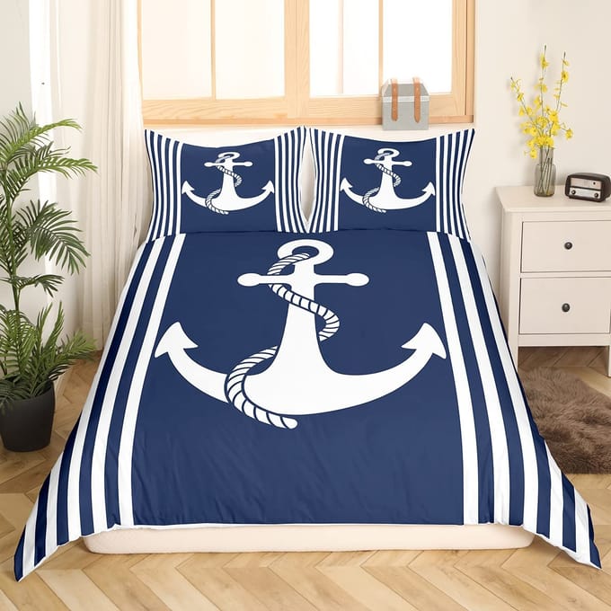Nautisch Zeilboot King Queen Dekbedovertrek Kust Zeilboot Beddengoed Set Zeeavontuur Dekbedovertrek Polyester Dekbedovertrek 140x210cm 2pcs