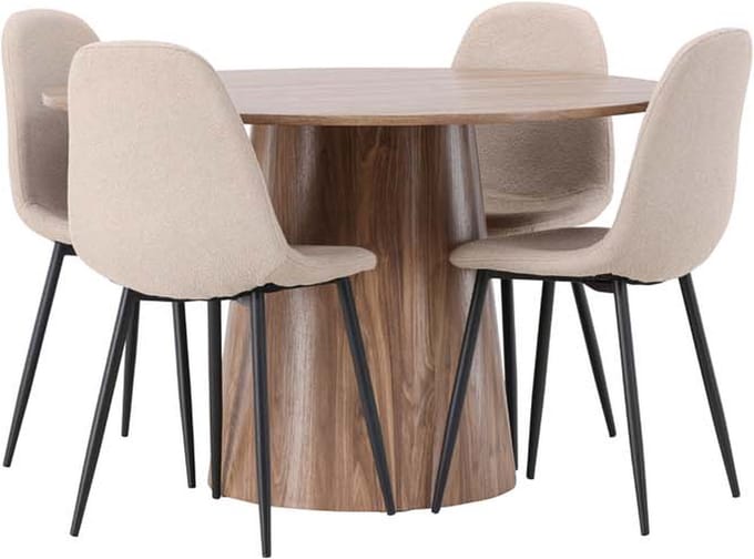 Lanzo eethoek tafel naturel en 4 Polar stoelen beige.