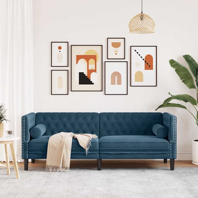 vidaXL - Driezitsbank - Chesterfield-stijl - met - bolsters - fluweel - blauw