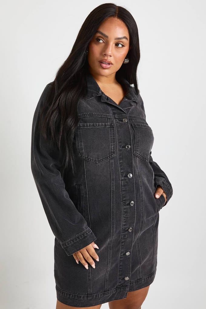 boohoo Dames Plus Western Denim Mini Jurk | Washed Black | Maat: 18