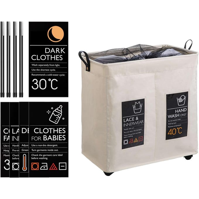 Rollende slanke wasmand 2 vakken met universele wielen en handvat Opvouwbare Oxford-stof beige