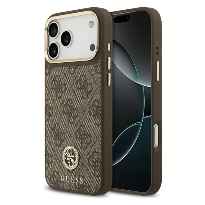 Guess Classic Strass Logo Leather Backcover met MagSafe voor de Apple iPhone 17 Pro Max - Bruin