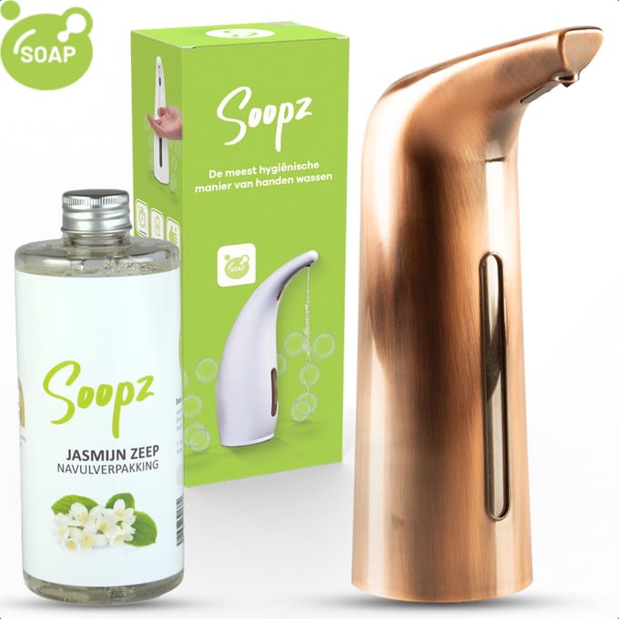 Soopz Automatische Zeepdispenser – Koper – Copper Brushed Elegance – Zeeppompje met Bewegingssensor – Met Jasmijn Zeep