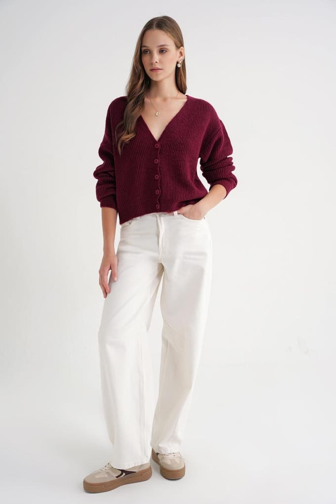 Textuur V-hals Knopen Cardigan