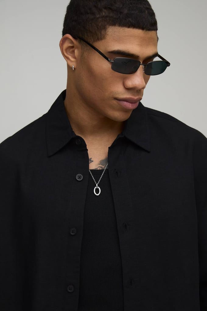 Oversized Boxy Long Sleeve Linen Co-Ord Blend Shirt | Black | Size Small