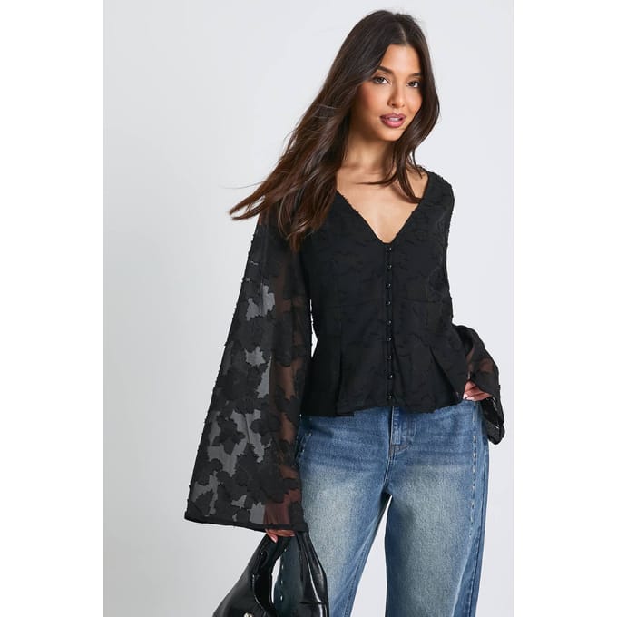 boohoo Dames Bloemige getextureerde blouse met knoopsluiting | Zwart | Maat: 36