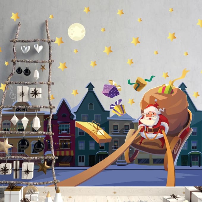 Kerststicker: Kerstman in de stad - Kerststickers - feestversiering - 60x90cm