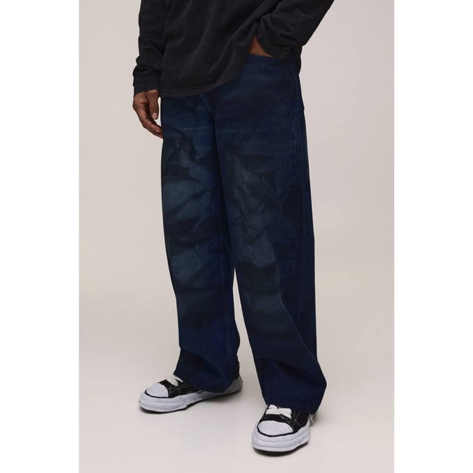 Tie-dye Getinte Baggy Distressed Jeans | Dark Wash | Size 28