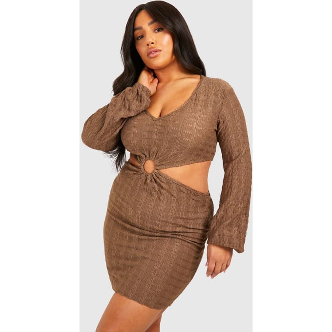 boohoo Dames Plus Jersey Gebreide O-Ring Strandjurk | Chocoladebruin | Maat: 54