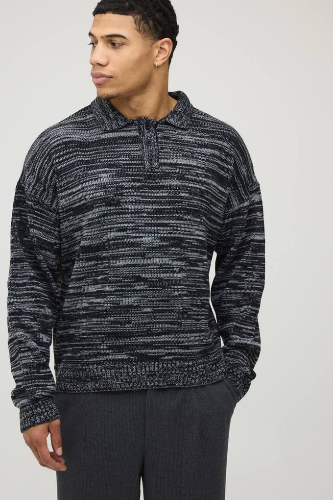 Ontspannen Boxy Gemêleerde Gebreide Polo | Black | Size Small