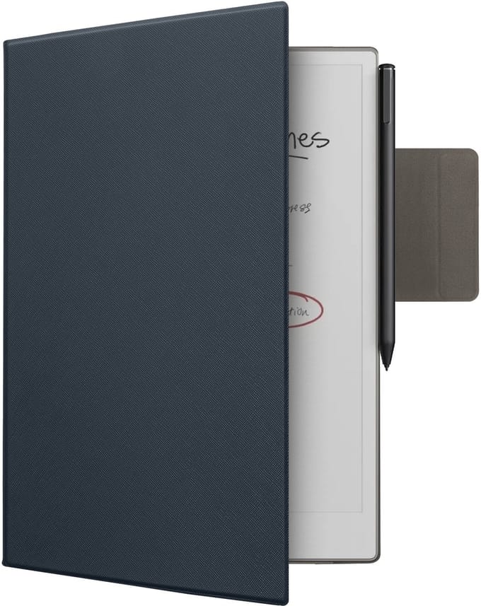 kwmobile e-reader hoesje geschikt voor Remarkable Paper Pro hoes - E reader case met geïntegreerde penhouder - Kunstleren ereader cover in donkerblauw