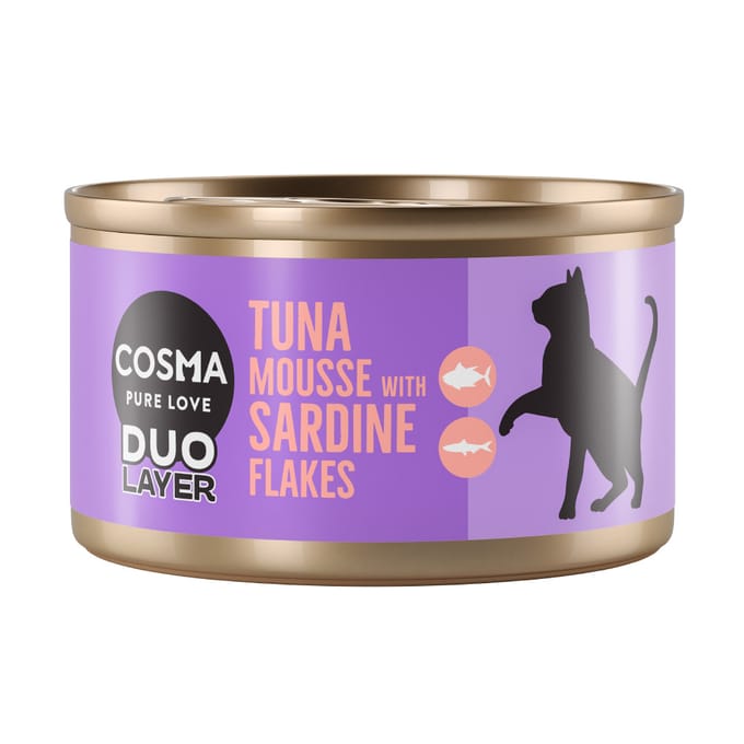 6x70g Tonijnmousse met stukjes Sardine DUO Layer Cosma Kattenvoer