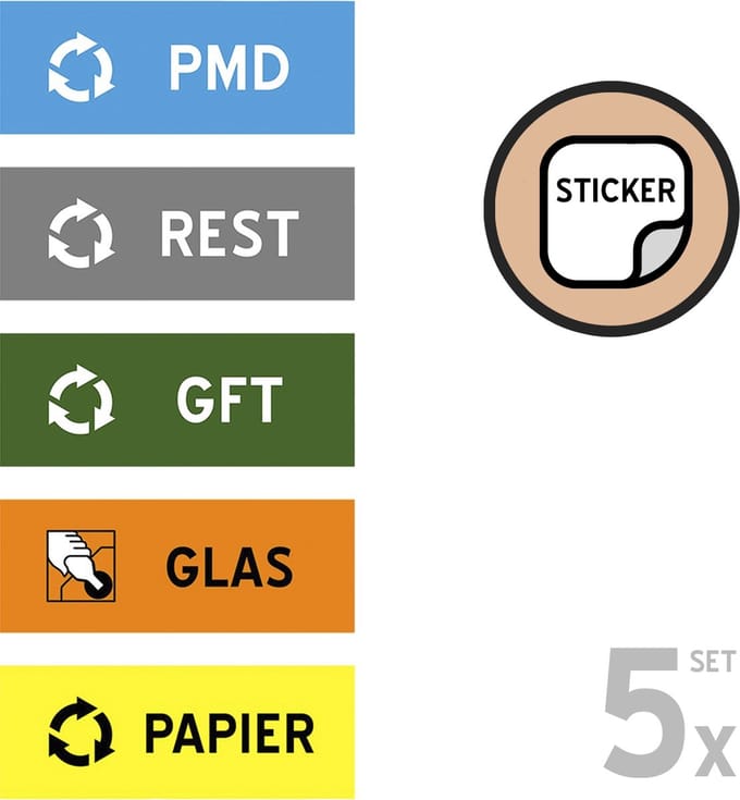 Set vuilnis sorteer stickers BASIS (5 stuks) | GFT/ PMD/ Glas/ Papier/ Rest | 14 x 4 cm | Afval sorteren | Sticker | België | 5 stuks