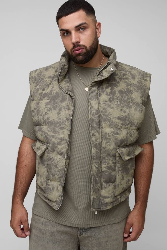 Plus gewassen cord oversized trechterhalsgilet | Khaki | Size 2XL