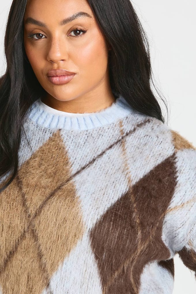 boohoo Dames Plus Geborstelde Argyle Oversized Trui | Blue | Maat: 28