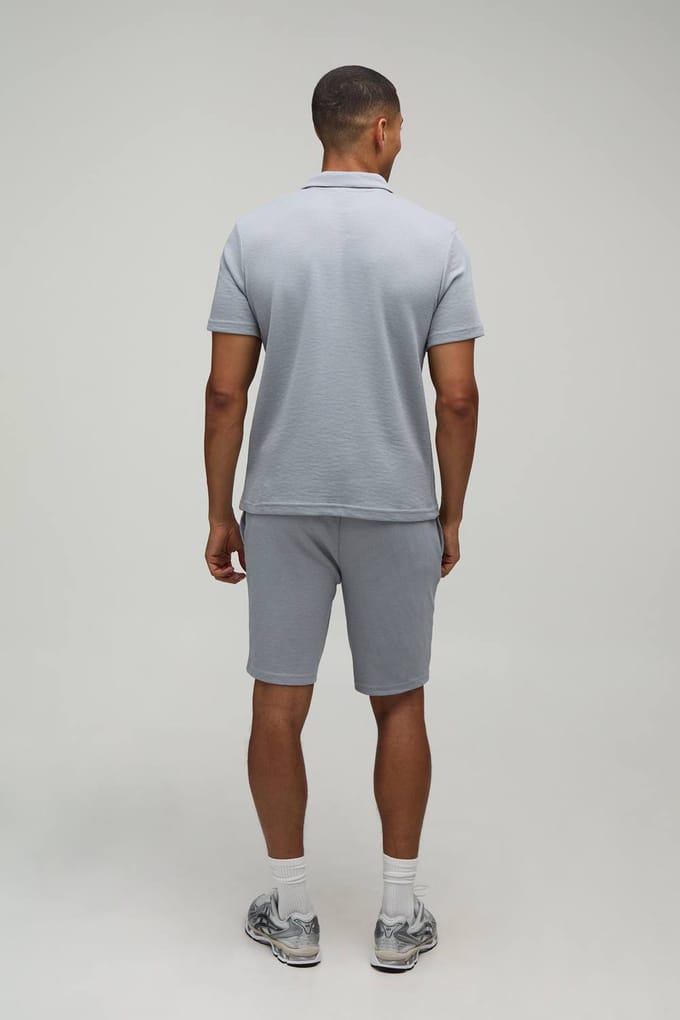 Slim Fit Waffle Zip Neck Polo & Shorts Set | Charcoal | Size XL