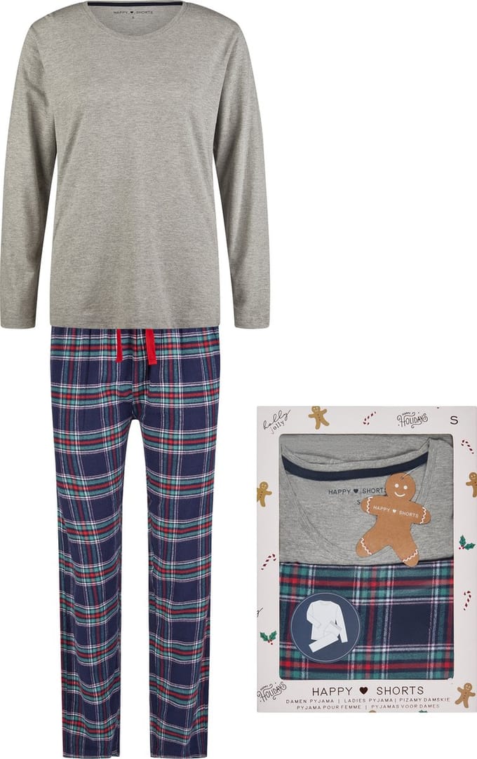 Happy Shorts Dames Kerst Pyjama Set Shirt + Broek Giftbox Flanel Geruit Grijs - Maat M