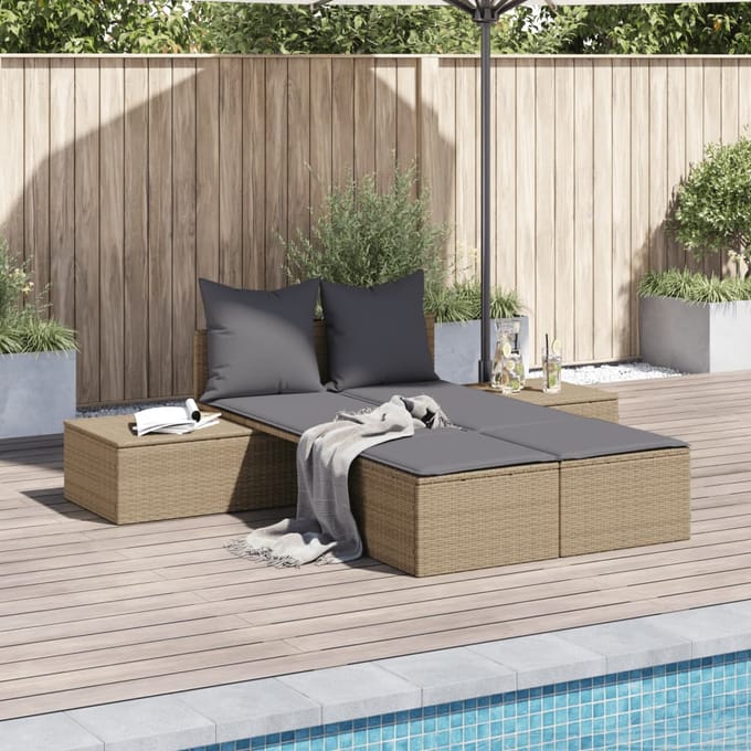 vidaXL - Ligbed - 2-persoons - met - kussens - poly - rattan - beige