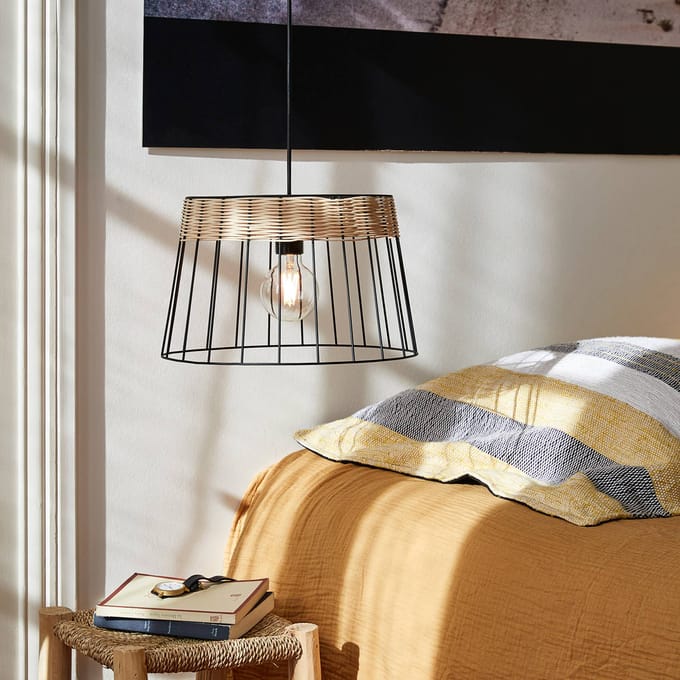 COREP Hanglamp Indah, zwart, Ø 35 cm, metaal/rotan
