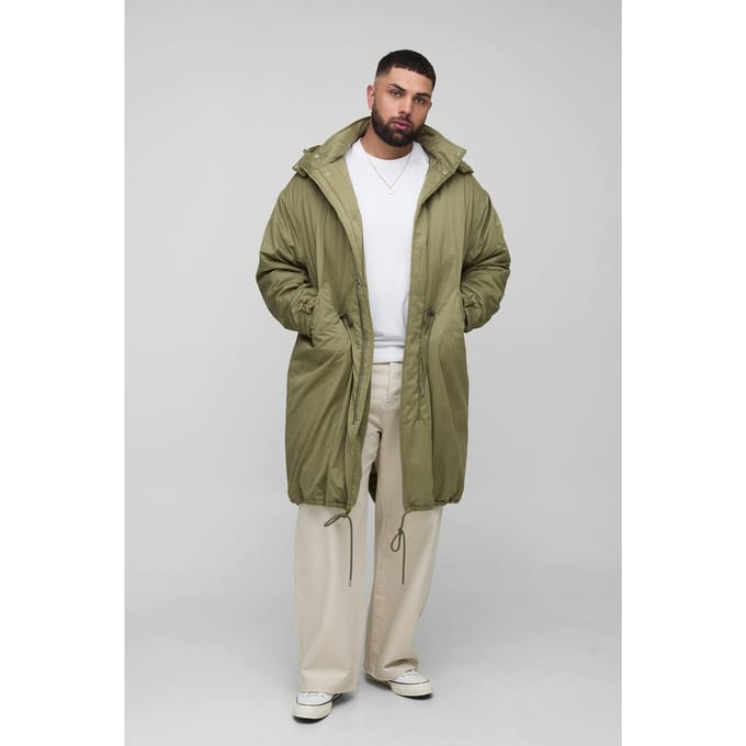 Plus Regular Fit parka-jas in geborsteld nylon met trechterkraag en middellange lengte | Khaki | Size 2XL