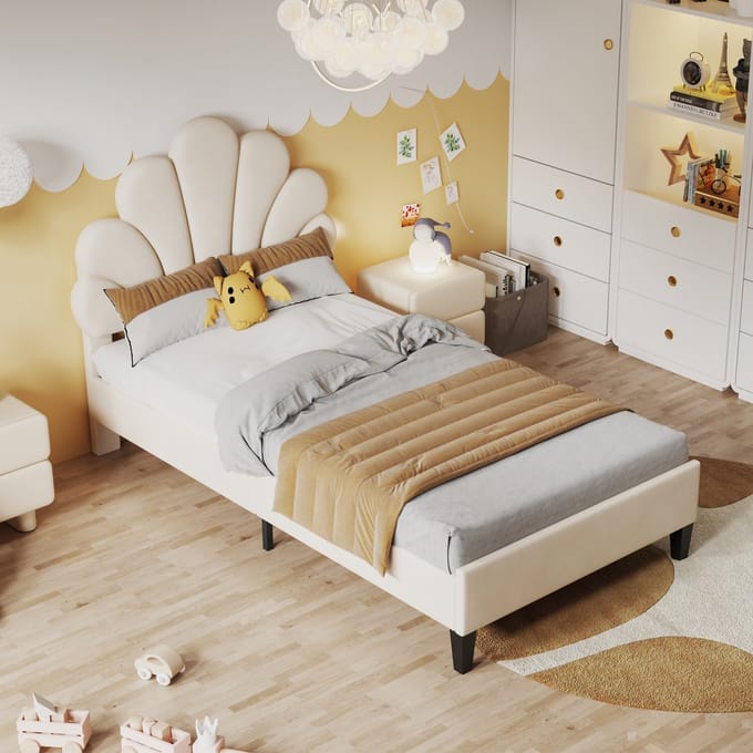 MODFU - Bedframe 90x200 cm – Beige fluweel met bloemvormig hoofdbord – Lattenbodem