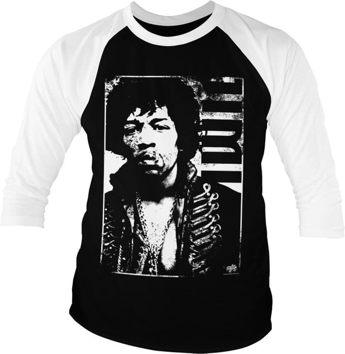 Jimi Hendrix Distressed Baseball T-shirt met 3/4-mouwen, witite-Black