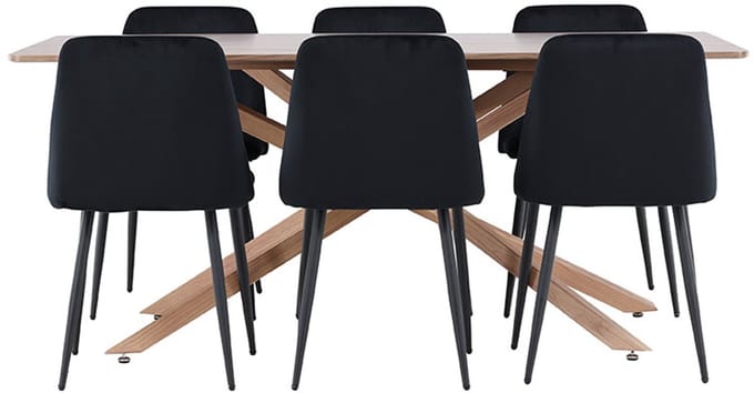 Piazza eethoek tafel 90x180cm en 6 velours stoelen mocca.