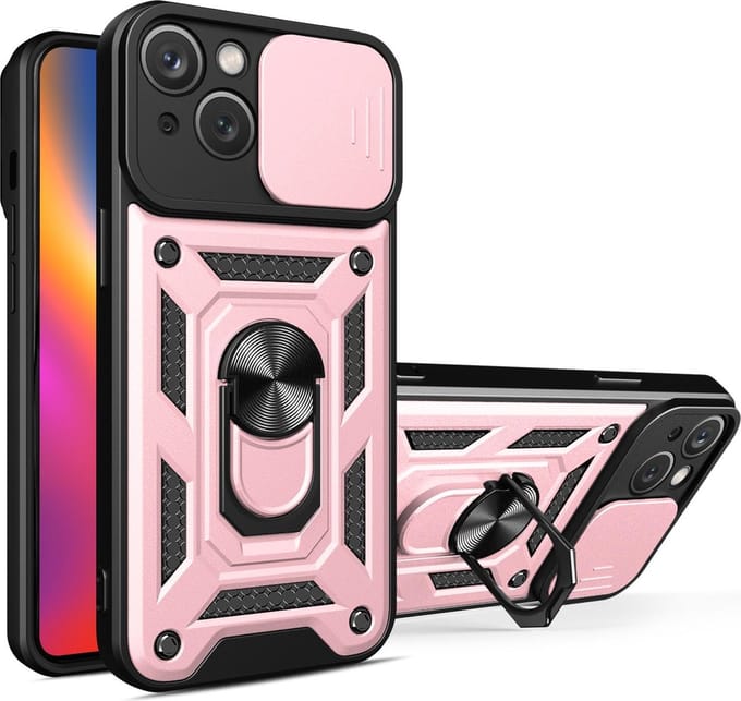 Hoesje geschikt voor iPhone 15 met Ringhouder en Camera schuifje – Rosegoud