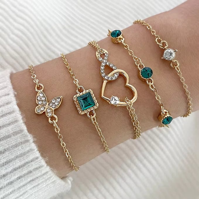 Armbanden Set Goudkleurig - Vlinder - Hartje - Groen - Wit - 5 delig