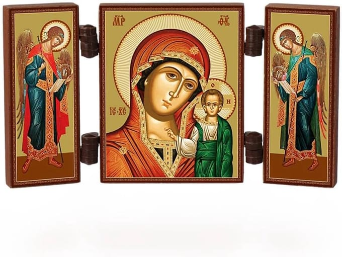 Christelijk Opvouwbaar Icoon Moeder Gods van Kazan Triptiek - Houten Reishuisaltaar