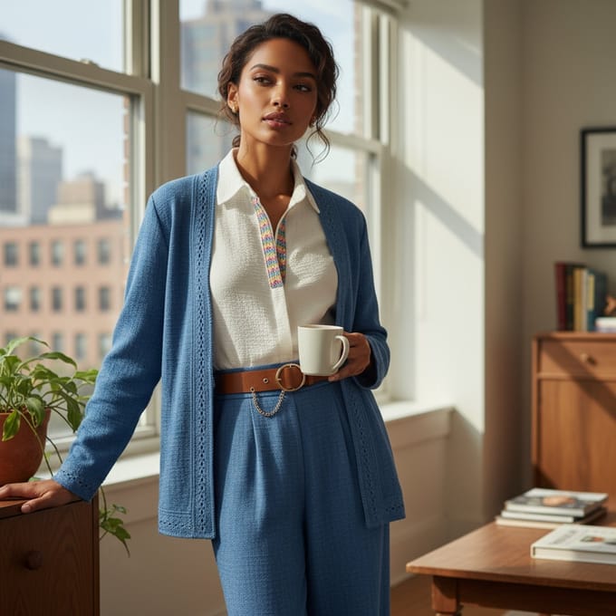 Luxe Driedelige Dames Set met Riem – Blazer, Blouse en Broek - Blue, M