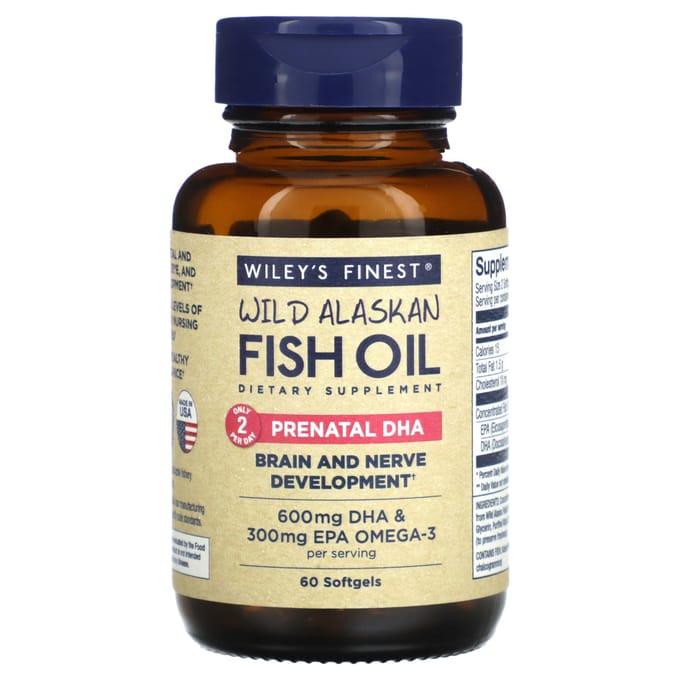 Wiley's Finest, Wilde Alaskaanse Visolie, Prenatale DHA, 600 mg, 60 Vis Softgels