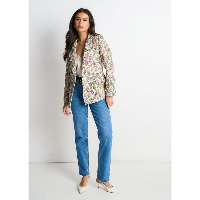 Beige bloemenjacquard getailleerd jasje