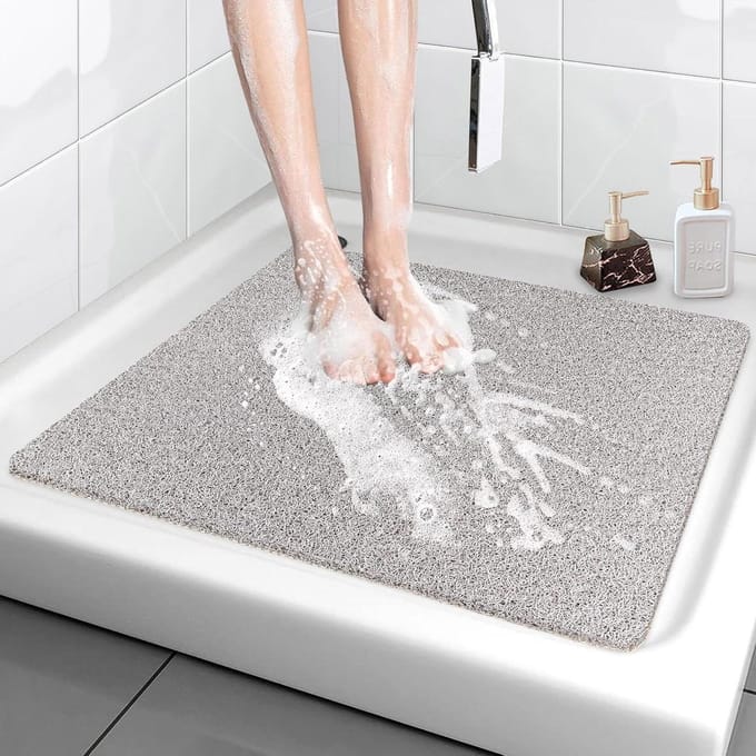 Douchemat Antislip - Badmat Sneldrogend - Veilig Douchen - Met Afvoergaten - 61 x 61 cm - Lichtgrijs-wit Mix