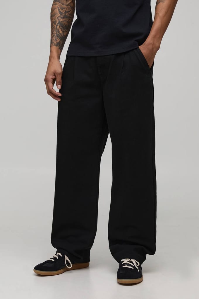 Relaxed Fit Half & Half Tailleband Gewassen Twill Broek | Black | Size Medium
