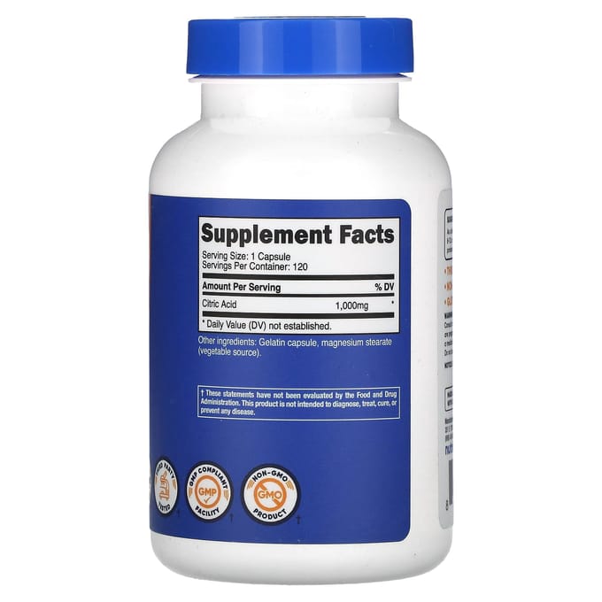 Acide Citrique, 1 000 mg, 120 Gélules