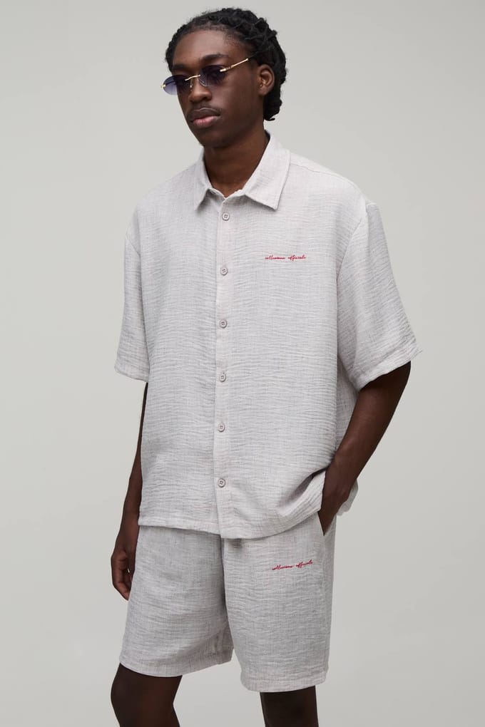Gebreid Linnen-look Geborduurd Oversized Shirt & Short Set | Grey | Size Medium