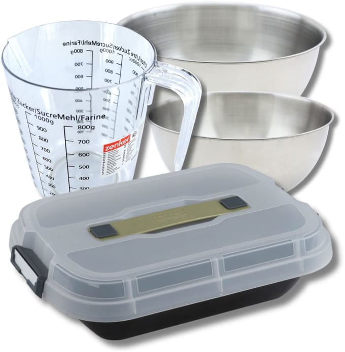 Set bakvorm 34 x 24 cm met deksel, 2 mengkommen, maatbeker en spatel Zenker