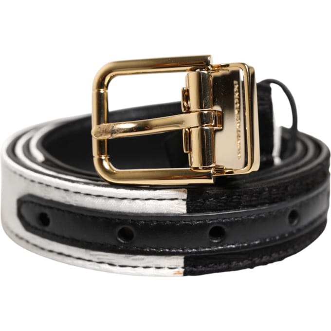Dolce & Gabbana Zwart Witte Patchwork Gouden Metaal Gesp Riem
