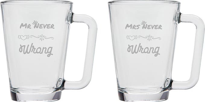 Gegraveerde set Theeglazen 26cl Mr. Never wrong - Mrs. Never wrong