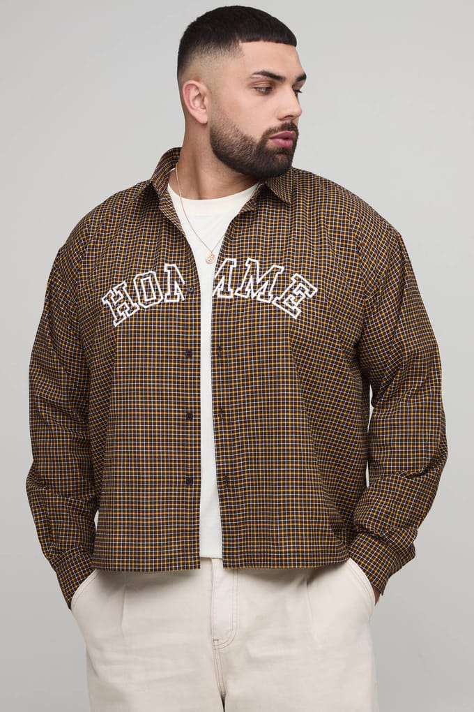 Plus Overgrootte Boxy Heren Applique Micro Check Shirt | Chocolate | Size 4XL
