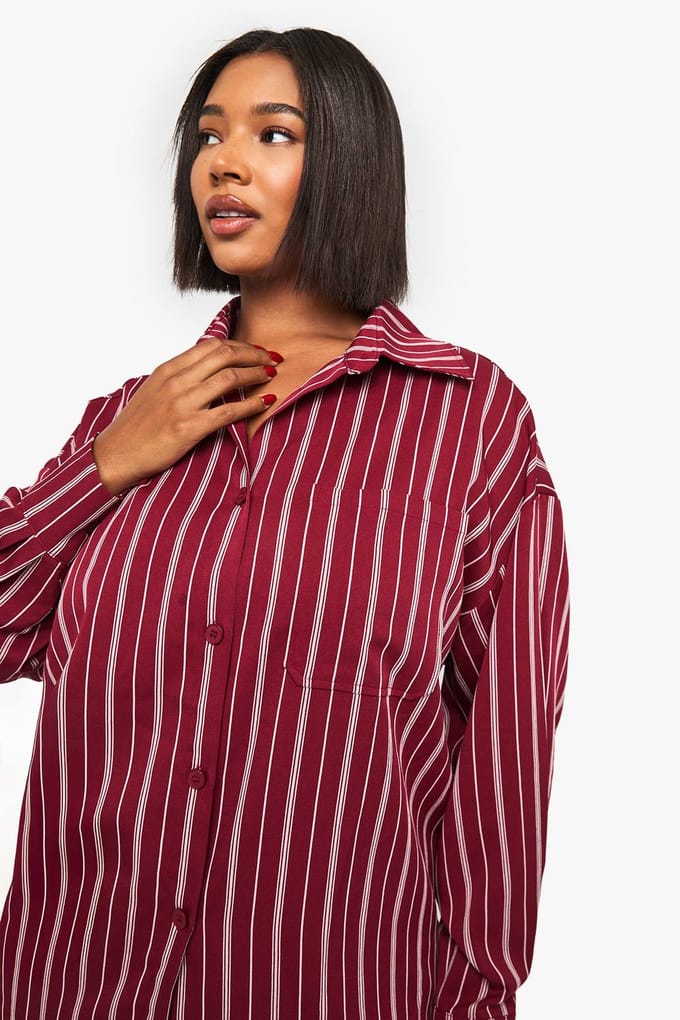 boohoo Dames Plus Oversized gestreept overhemd | Red | Maat: 16