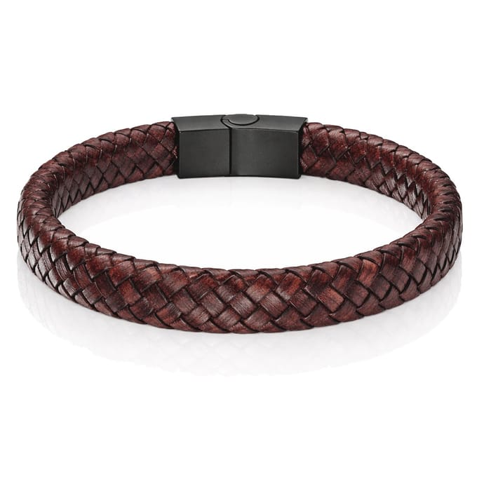 Gevlochten Leren Armband Heren Edelstaal Sluiting Bruin-22cm